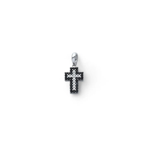 18kt White Gold Two-Tone Cross Pendant with Black and White Zircons | 2cm