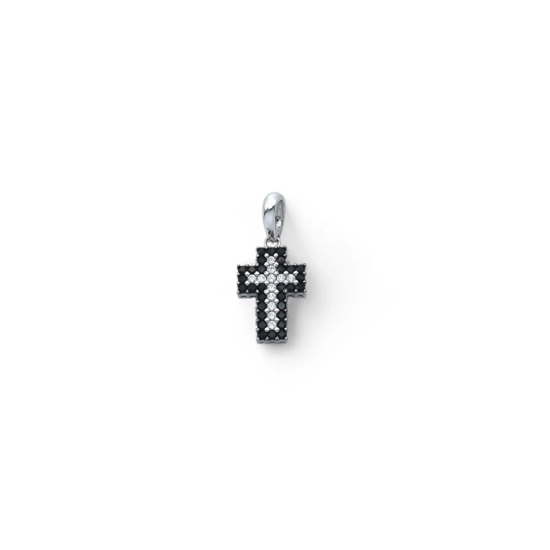 18kt White Gold Two-Tone Cross Pendant with Black and White Zircons | 2cm