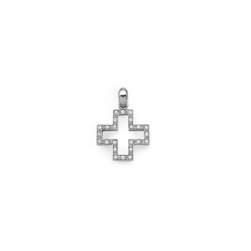 Ciondolo Croce Vuota Bordo Zirconi Oro Bianco 18kt | 2cm