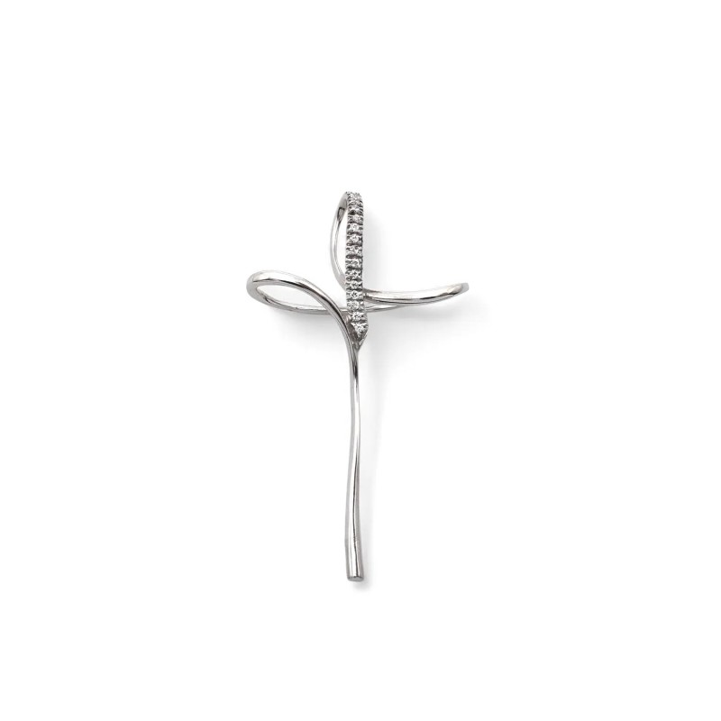 Ciondolo Croce Stretta e Lunga Oro Bianco 18kt con Zirconi | 6cm