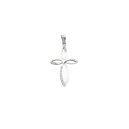 Colgante de cruz con flor y circonitas en oro blanco de 18 kt | 4 cm