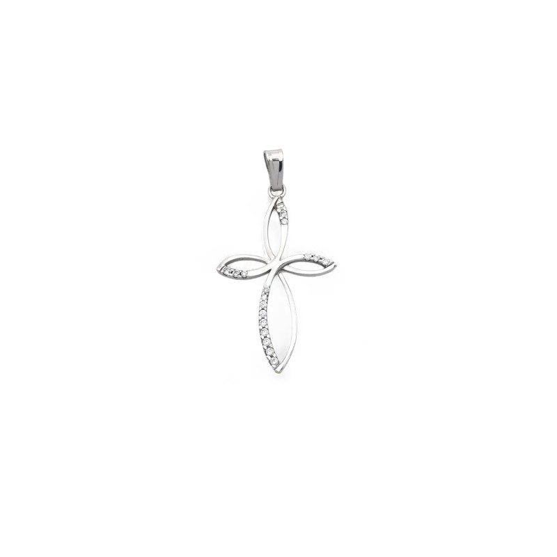 Colgante de cruz con flor y circonitas en oro blanco de 18 kt | 4 cm