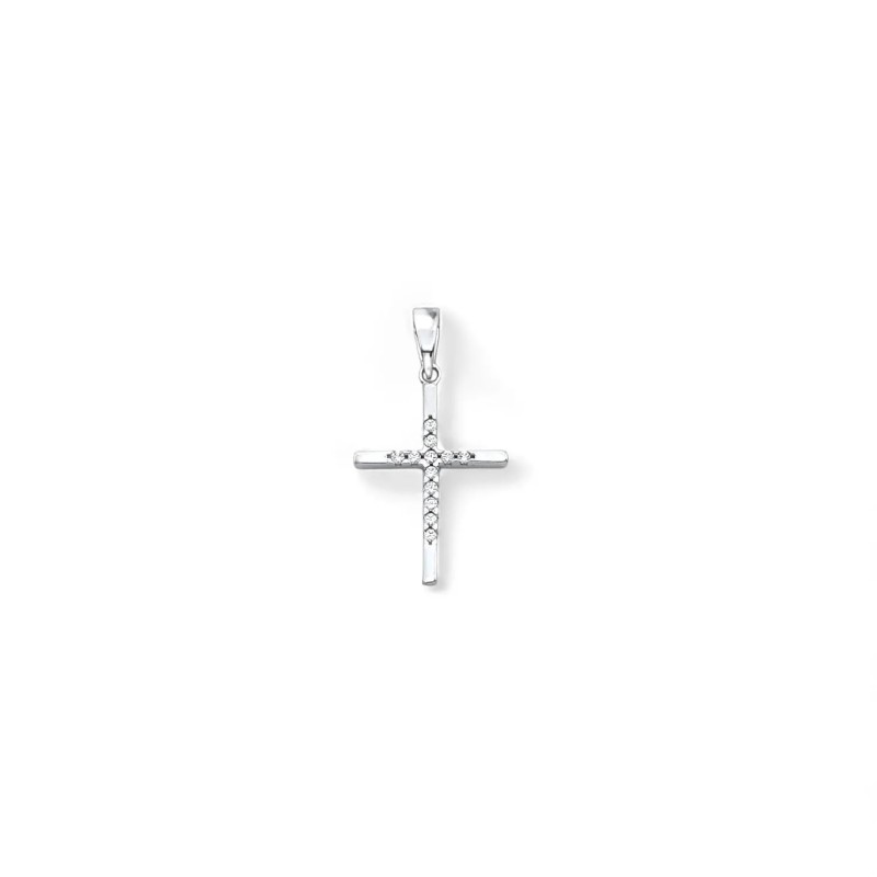 Ciondolo Croce Stretta e Lunga Oro Bianco 18kt con Zirconi | 2,5cm