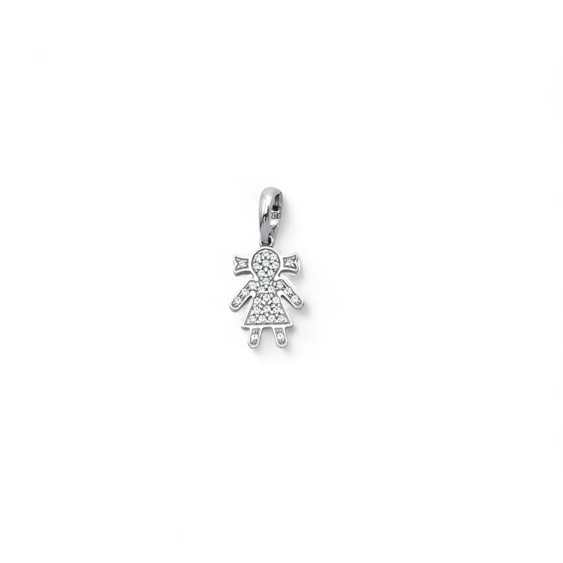 Colgante de niña con circonitas pavé en oro blanco de 18 kt | 2,0 cm