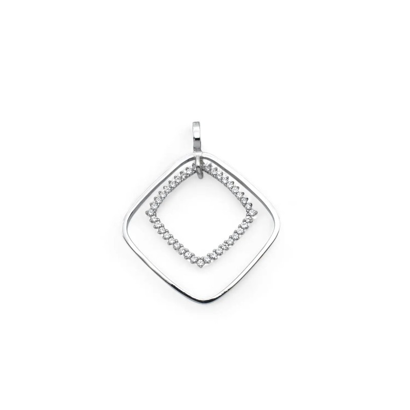 Ciondolo Due Quadrati Concentrici Oro Bianco 18kt con Zirconi | 3,5cm
