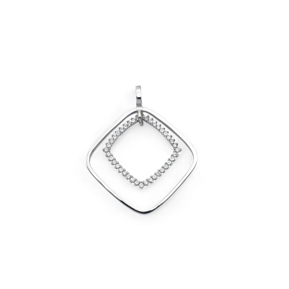 Ciondolo Due Quadrati Concentrici Oro Bianco 18kt con Zirconi | 3,5cm