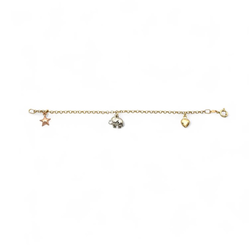 Children's Bracelet with Elephant, Star, Heart, and 18kt Tricolor Gold Charms