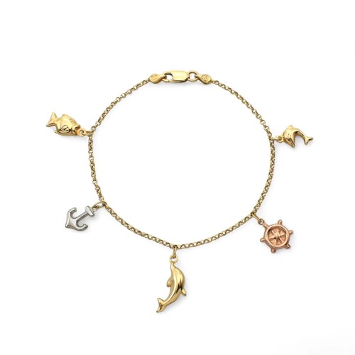 Bracciale Charm Marino Ancora Timone Delfino Oro Tricolore 18kt