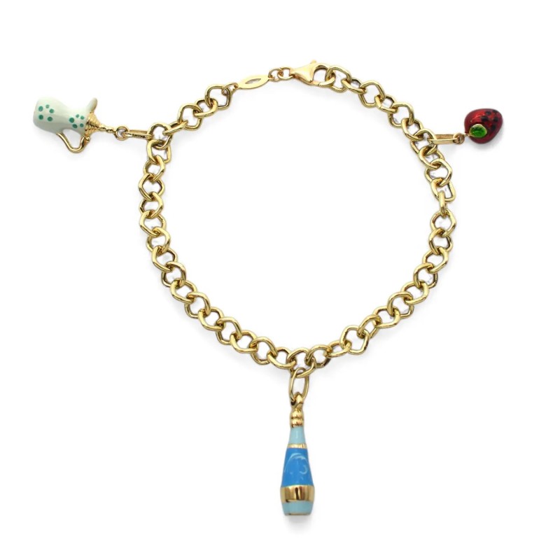 Pulsera clásica de malla con dijes de oro amarillo de 18 quilates y esmaltes de fiesta