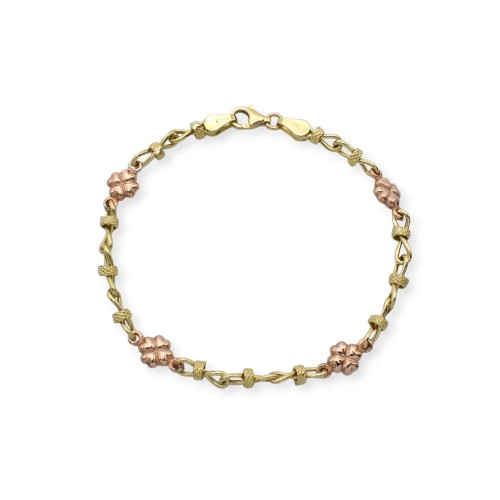 Pulsera bicolor de oro amarillo y rosa de 18 quilates con diseño de trébol de cuatro hojas