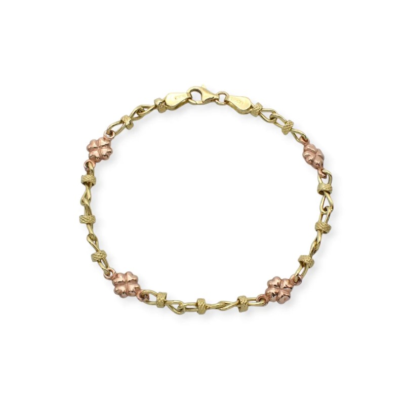 Pulsera bicolor de oro amarillo y rosa de 18 quilates con diseño de trébol de cuatro hojas