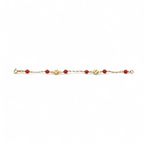 18kt Yellow Gold Four-Leaf Clover and Red Coral Baby Bracelet