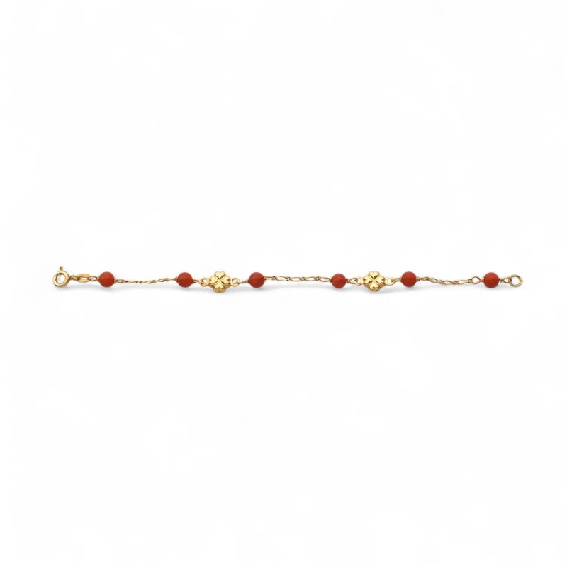 Bracciale Bimba Quadrifogli e Corallo Rosso Oro Giallo 18kt