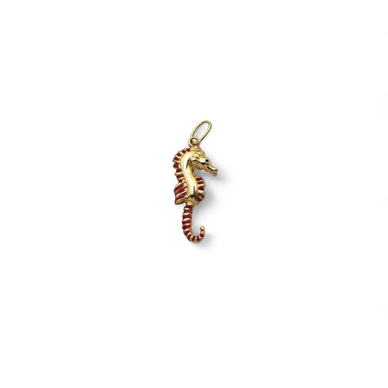 18kt Yellow Gold Red Enamel Seahorse Pendant