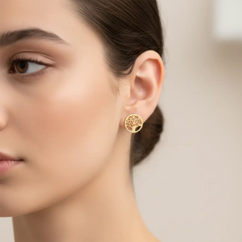 18kt Yellow Gold Openwork Tree of Life Stud Earrings | 1cm Diameter