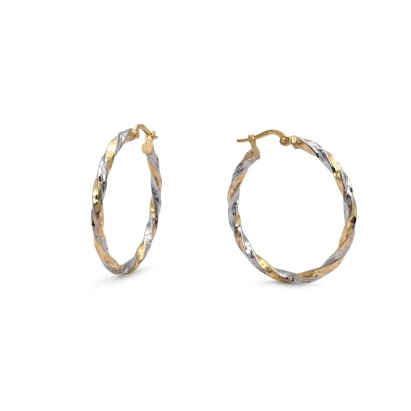 18kt Yellow and White Gold Twisted Two-Tone Hoop Earrings