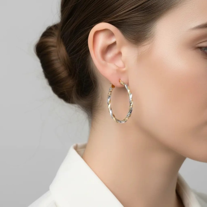 18kt Yellow and White Gold Twisted Two-Tone Hoop Earrings
