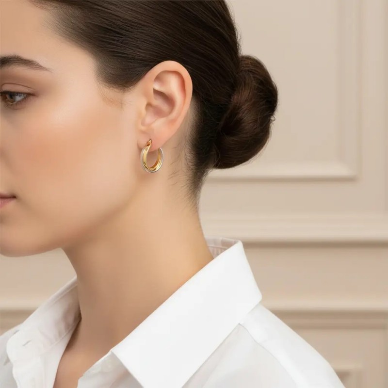 Pendientes de aro de doble trenzado en oro amarillo y blanco de 18 kt