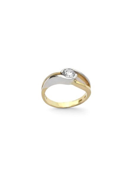 Anillo de oro amarillo y blanco de 18 kt con circonita central