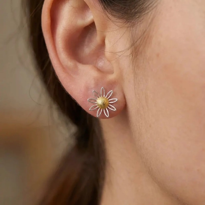 Pendientes de margaritas en oro amarillo y blanco de 18 kt | Ø 1 cm