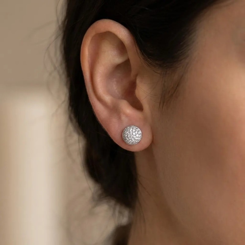 18kt Yellow and White Gold Stud Earrings with Pavé Cubic Zirconia | Ø 1 cm