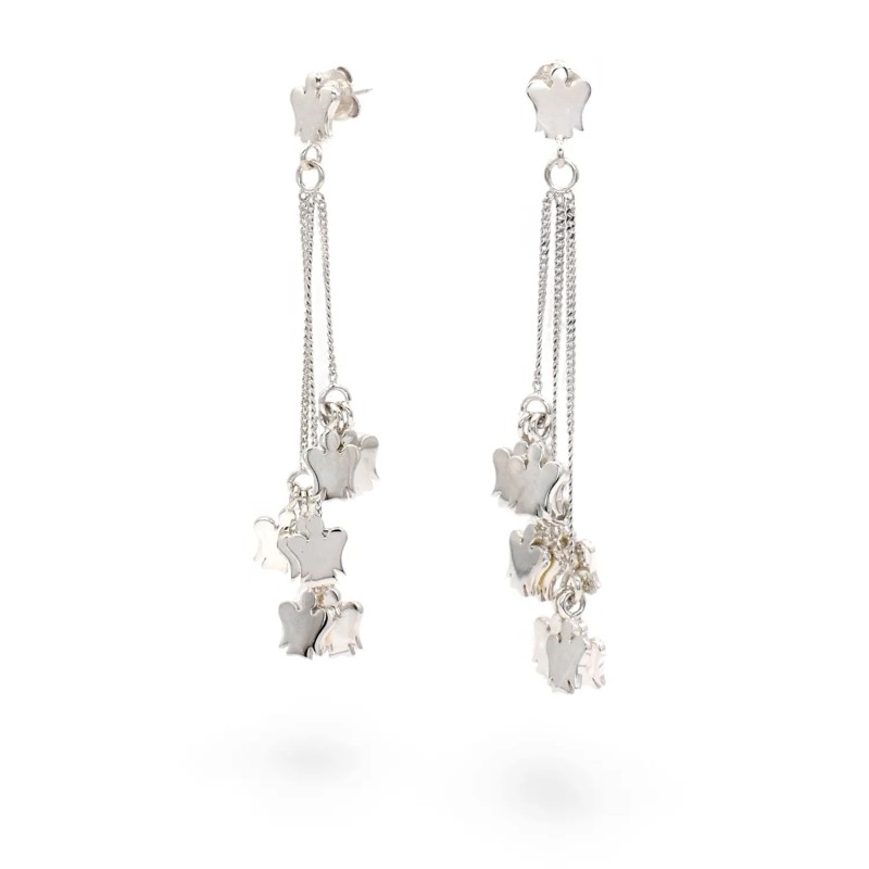 Pendientes colgantes de oro blanco de 18 kt con 18 dijes de ángel | 7 cm