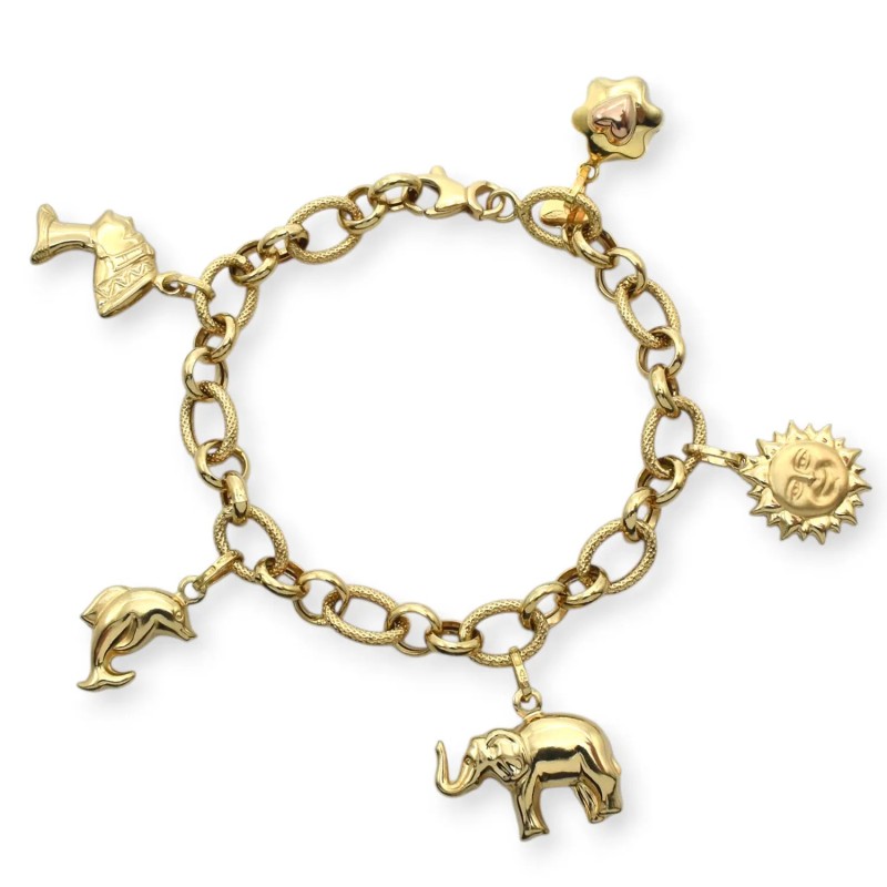 Pulsera de oro amarillo de 18 kt con eslabones moleteados y charms | 18 cm