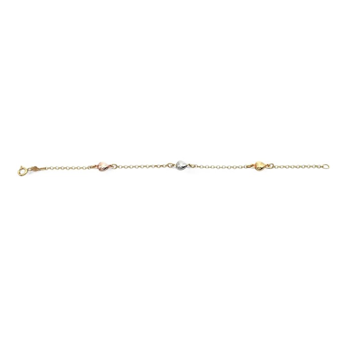 Pulsera de oro de 18 kt con corazones tricolores | 18 cm