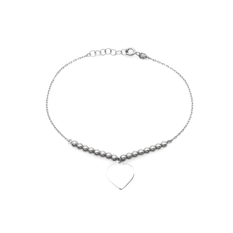 Bracciale in Oro Bianco 18kt con Sfere e Charm Cuore | 19 cm