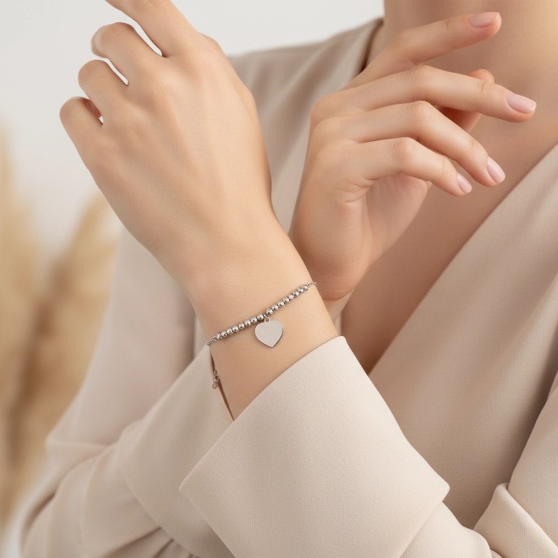 18kt White Gold Bracelet with Spheres and Heart Charm | 19 cm