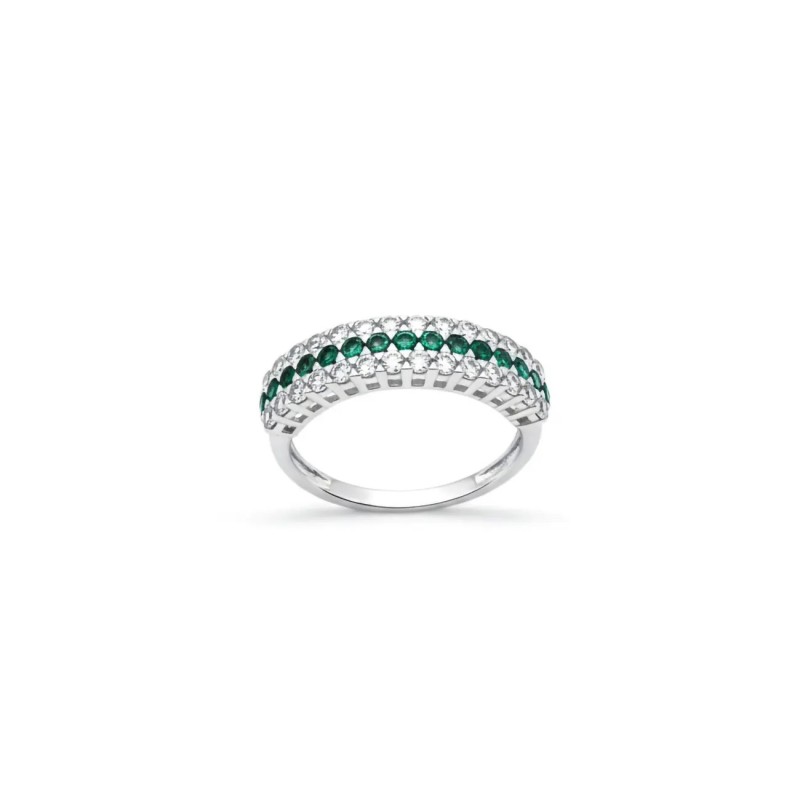 18kt White Gold Band Ring with Three Rows of White and Green Zirconia