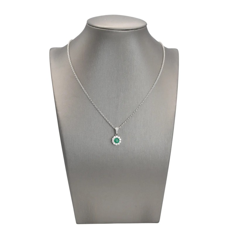 18kt White Gold Choker Necklace with Round Emerald and Diamonds
