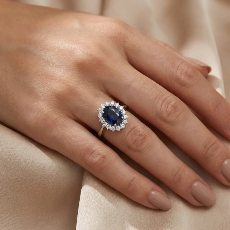 Anillo Royale en oro blanco de 18 kt con zafiro de 3,84 ct y diamantes