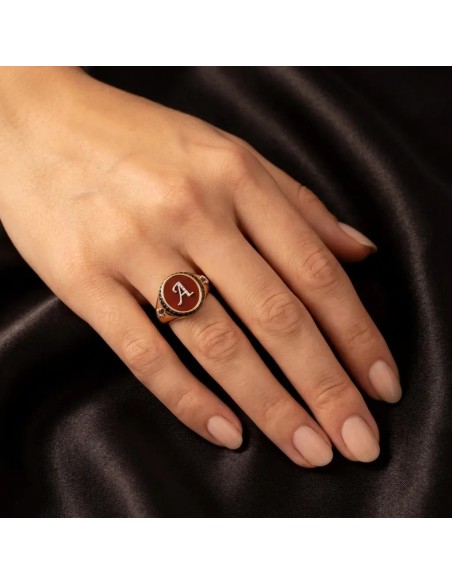 Anello Sigillo in Oro Rosa con Corniola, Lettera "A" in Diamanti e Diamanti Neri