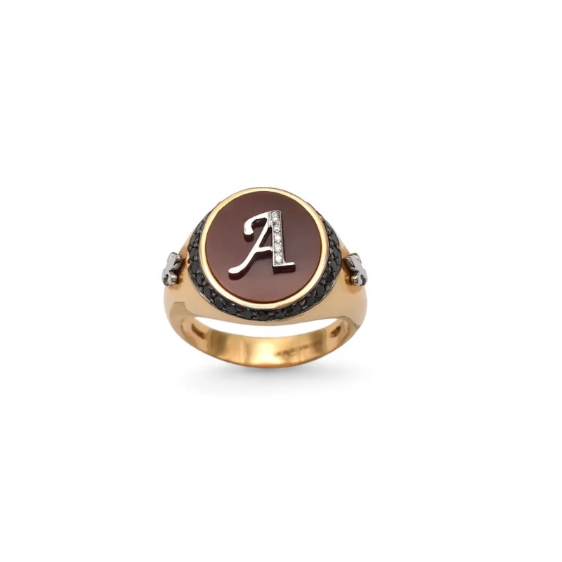 Rose Gold Signet Ring with Carnelian, Letter "A" in Diamonds and Black Diamonds