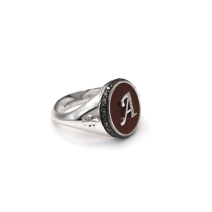 White Gold Signet Ring with Carnelian, Letter "A" in Diamonds and Black Diamonds