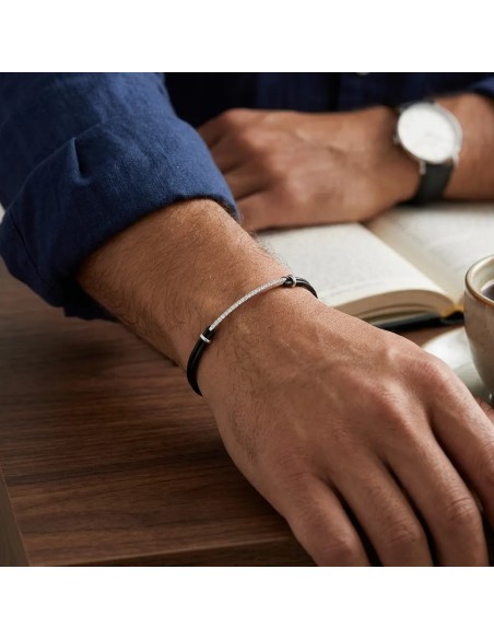 Unisex-Armband aus 18-karätigem Weißgold und schwarzer gewachster Baumwolle mit 0,30 ct Diamanten