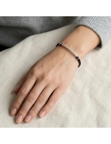 Unisex Bracelet in 18kt White Gold and Black Waxed Cotton with 0.30 ct Diamonds
