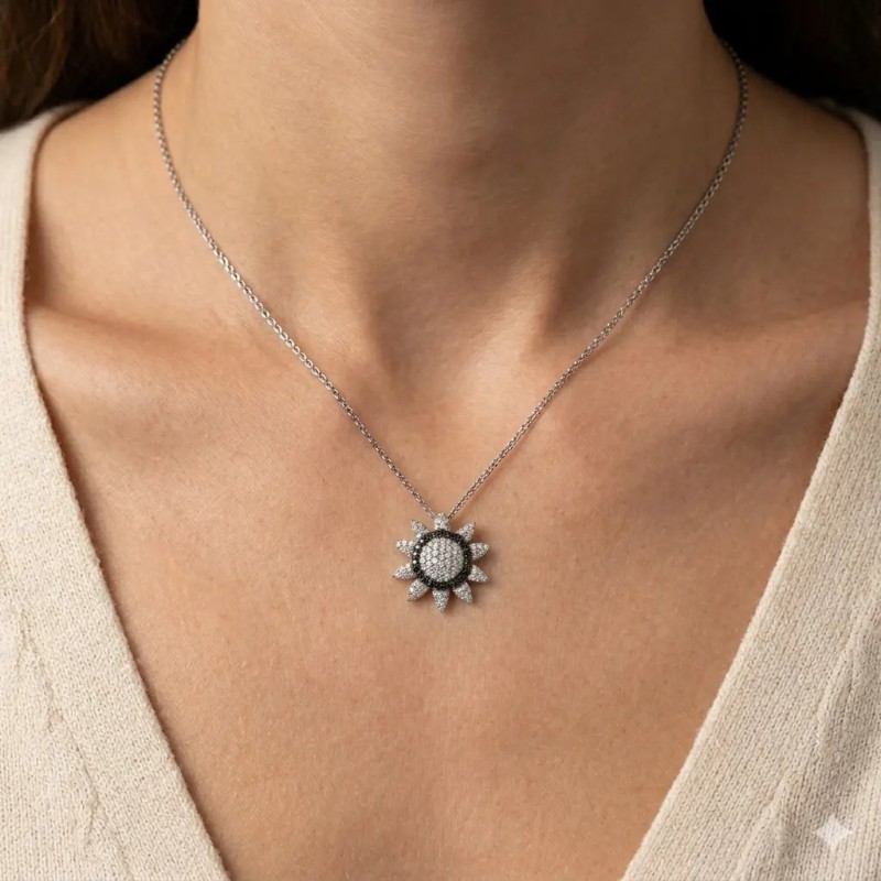 18kt White Gold "Sun" Pendant Necklace with White and Black Diamonds