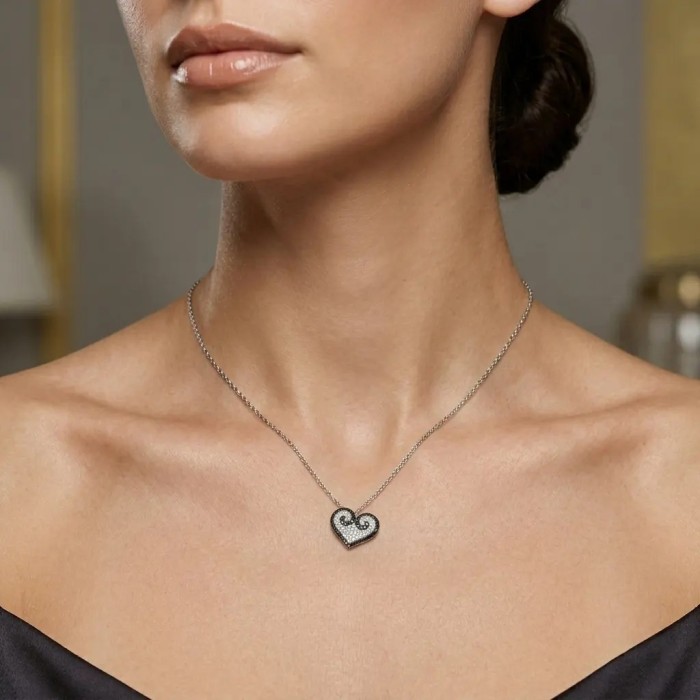 18kt White Gold "Heart" Pendant Necklace with White and Black Diamonds 2