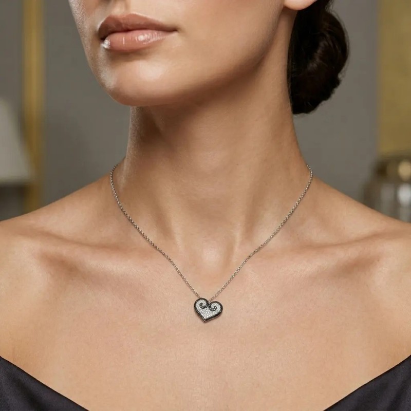 18kt White Gold "Heart" Pendant Necklace with White and Black Diamonds