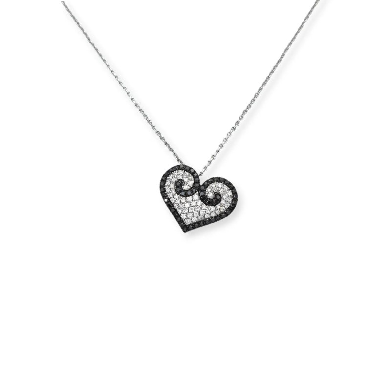 Collana con Pendente "Cuore" in Oro Bianco 18kt con Diamanti Bianchi e Neri
