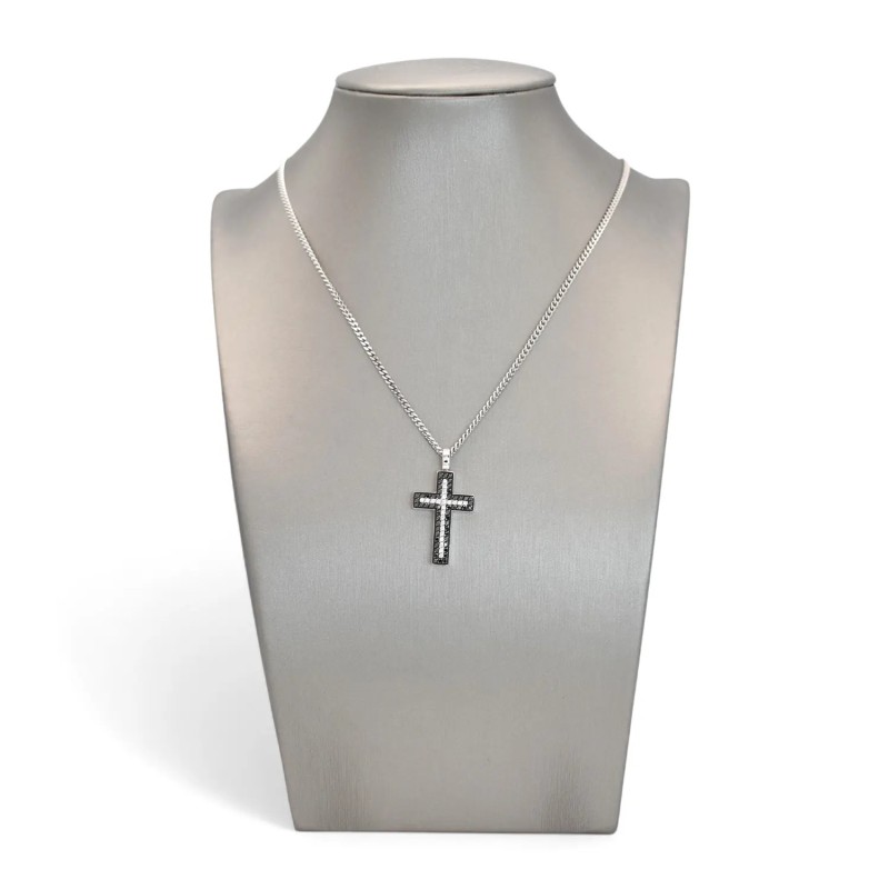 Collar unisex de oro blanco de 18 kt con cadena Groumette y cruz con diamantes blancos y negros