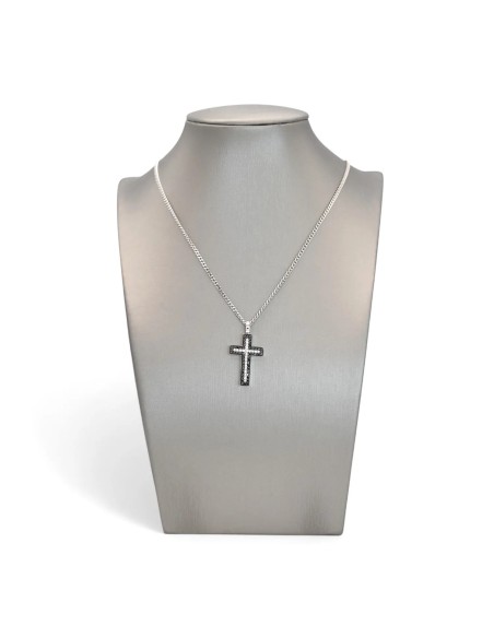 Unisex-Halskette aus 18-karätigem Weißgold mit Groumette-Kette und Kreuz mit weißen und schwarzen Diamanten