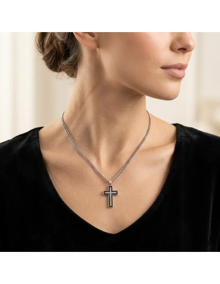 Collana Unisex in Oro Bianco 18kt con Catena Groumette e Croce con Diamanti Bianchi e Neri