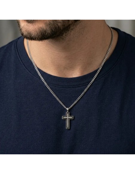 Unisex 18kt White Gold Necklace with Groumette Chain and Cross with White and Black Diamonds