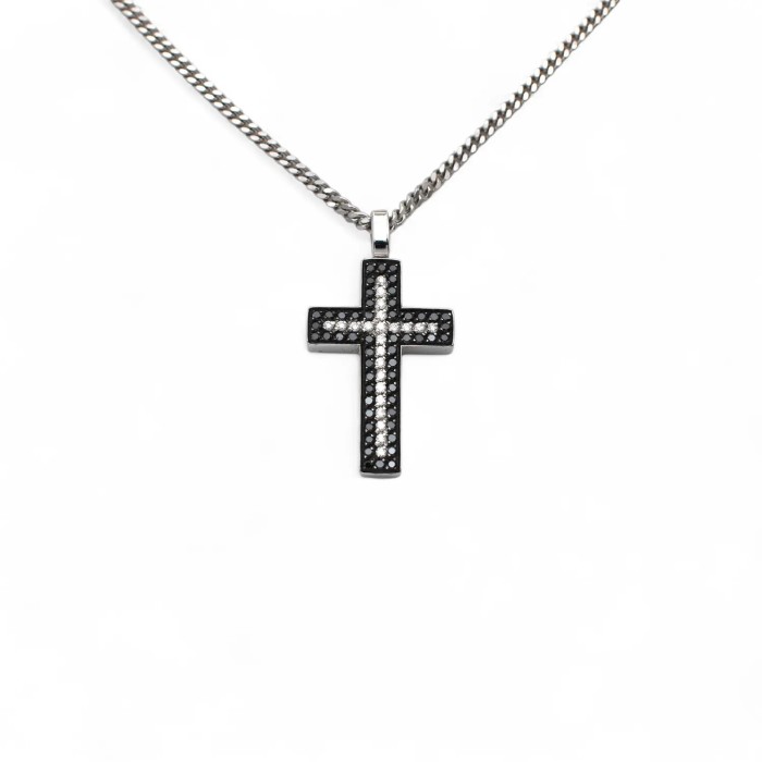 Unisex 18kt White Gold Necklace with Groumette Chain and Cross with White and Black Diamonds