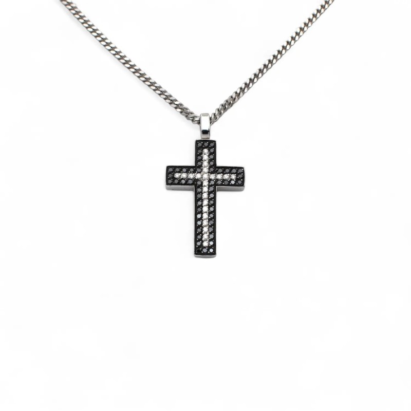 Unisex-Halskette aus 18-karätigem Weißgold mit Groumette-Kette und Kreuz mit weißen und schwarzen Diamanten