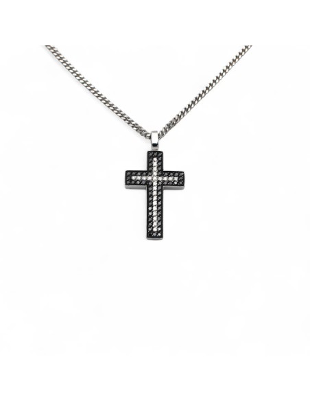 Unisex-Halskette aus 18-karätigem Weißgold mit Groumette-Kette und Kreuz mit weißen und schwarzen Diamanten