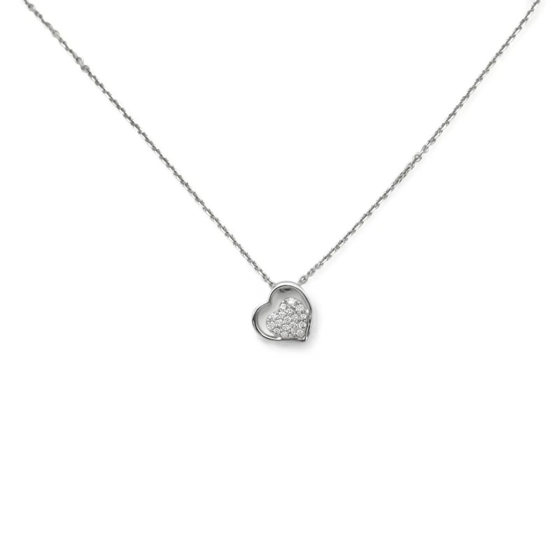 Collana Pendente "Cuore Minimal" in Oro Bianco 18kt con Pavé di Diamanti 0,06 ct